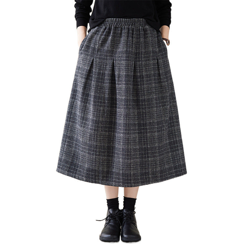 Real shot 2024 autumn new literary loose plaid elastic waist skirt women's medium and long A-shaped skirt #3731