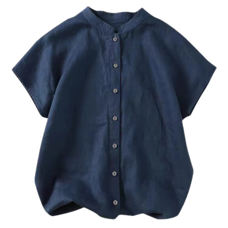 2025 summer new literary loose solid color cotton and linen stand-up neck short-sleeved shirt women's shirt top #8889