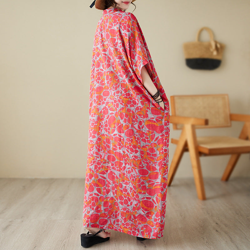 Real shot 2023 summer thin cotton and linen v-neck large size loose literary beach dress retro long robe