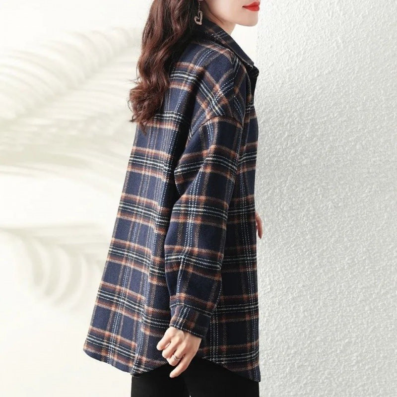 Spring 2024 new polished plaid long-sleeved Korean version loose retro medium and long shirt top women