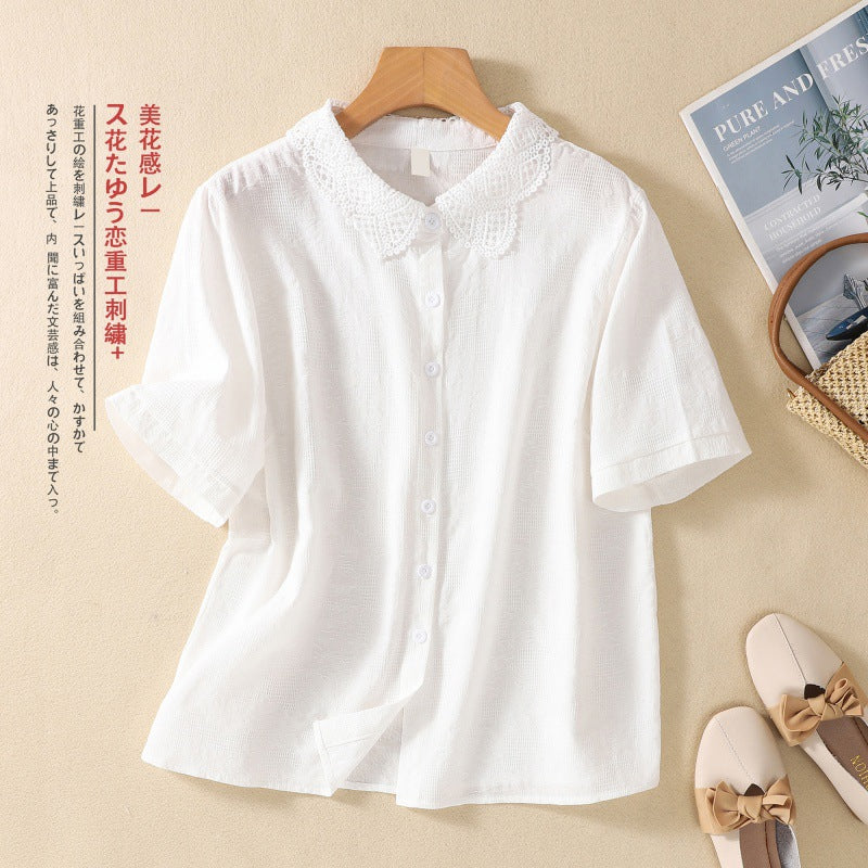 Real shot 2025 summer new literary loose solid color cotton and linen jacquard short-sleeved shirt blouse top #6616 #