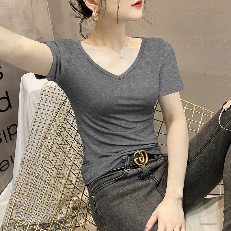 Modal Threaded Knitted V-Neck Short Sleeve T-Shirt Women's Summer New Black Skinny Versatile Half Sleeve T-Shirt Bottom Top