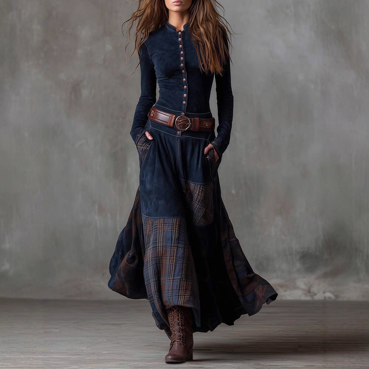 2025 Independent Station Foreign Trade Suede Plaid Collage Vintage Temperament Dress with Pocket Button Belt Belt