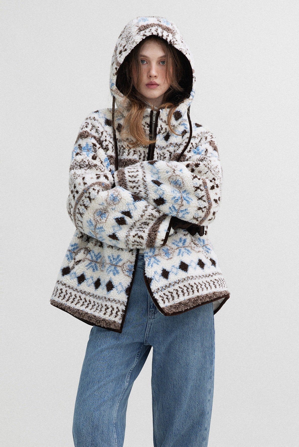 Snowy glacier snowman pattern Fair Island imitation lamb wool cotton jacket padded cotton jacket women's winter