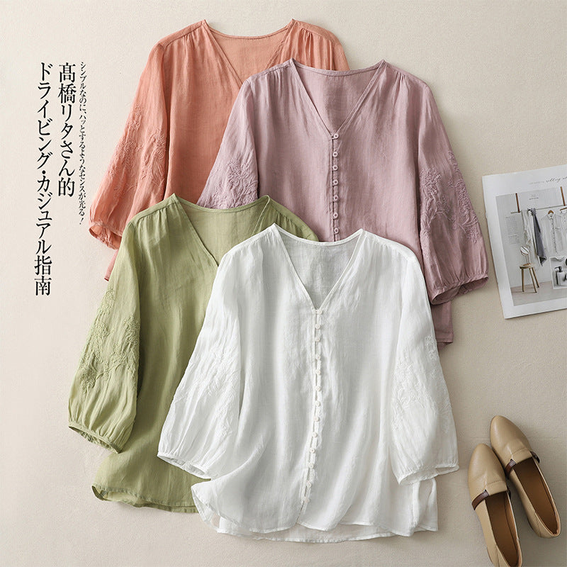 Real shot 2025 summer new literary embroidery button shirt V-neck cardigan cotton and linen shirt top women's clothing