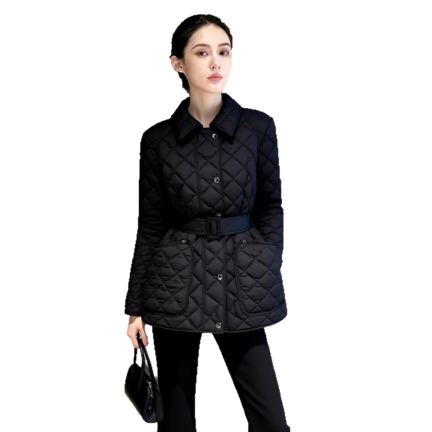 Winter cotton clothes women's 2025 new models are unique, super good-looking, waist temperament, small fragrance, black cotton-padded rhombus jacket