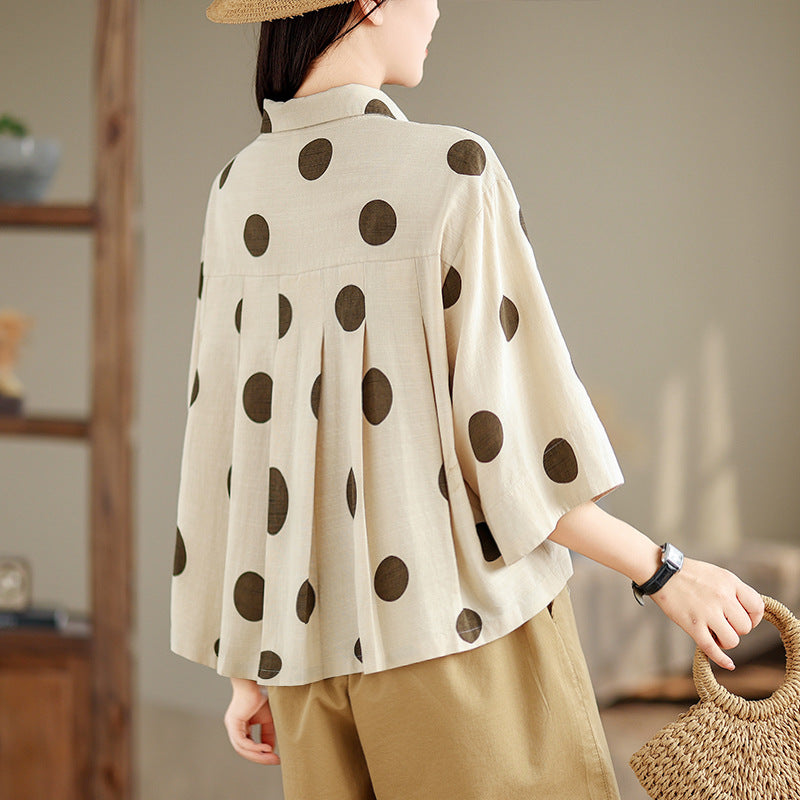 Real shot 2025 summer new literary loose polka dot lapel short-sleeved shirt blouse top #9531