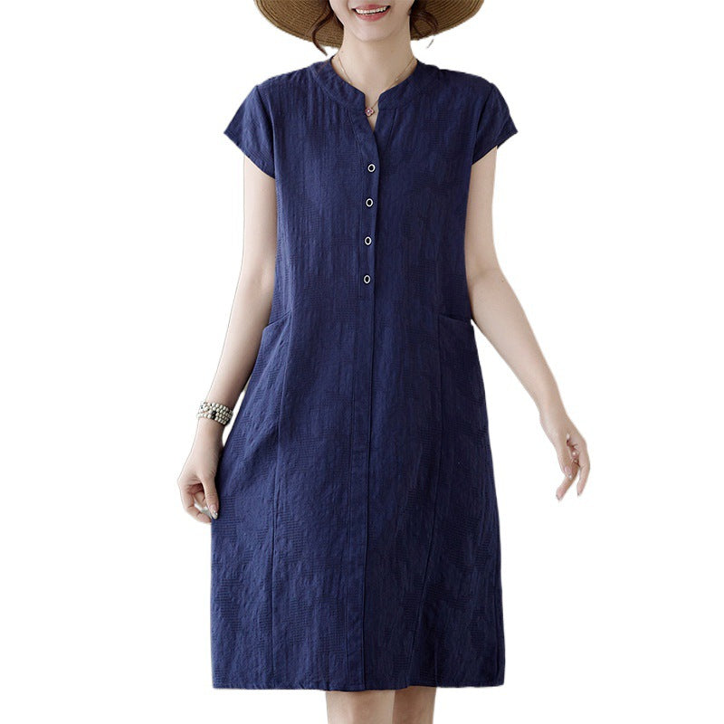 Real shot 2025 summer new literary loose jacquard cotton and linen stand-up collar short-sleeved dress women's medium and long #9658