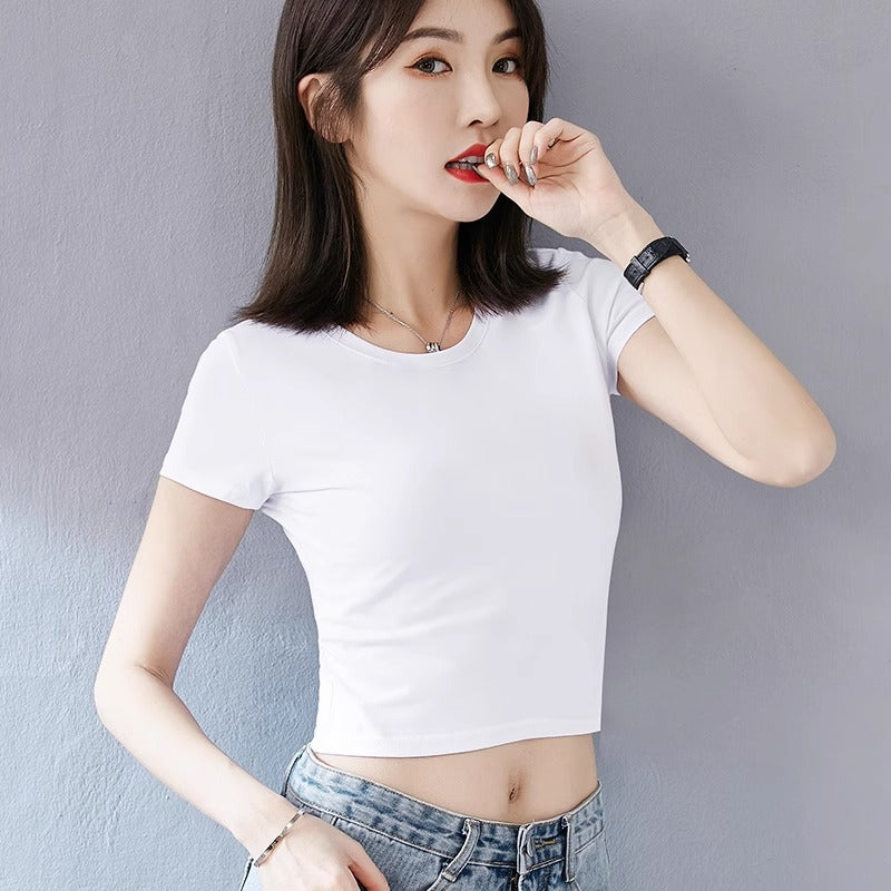 White slim-fitting open-navel short-sleeved T-shirt women's Korean version of versatile high-waisted ultra-short sweet and cool style beautiful chic top summer