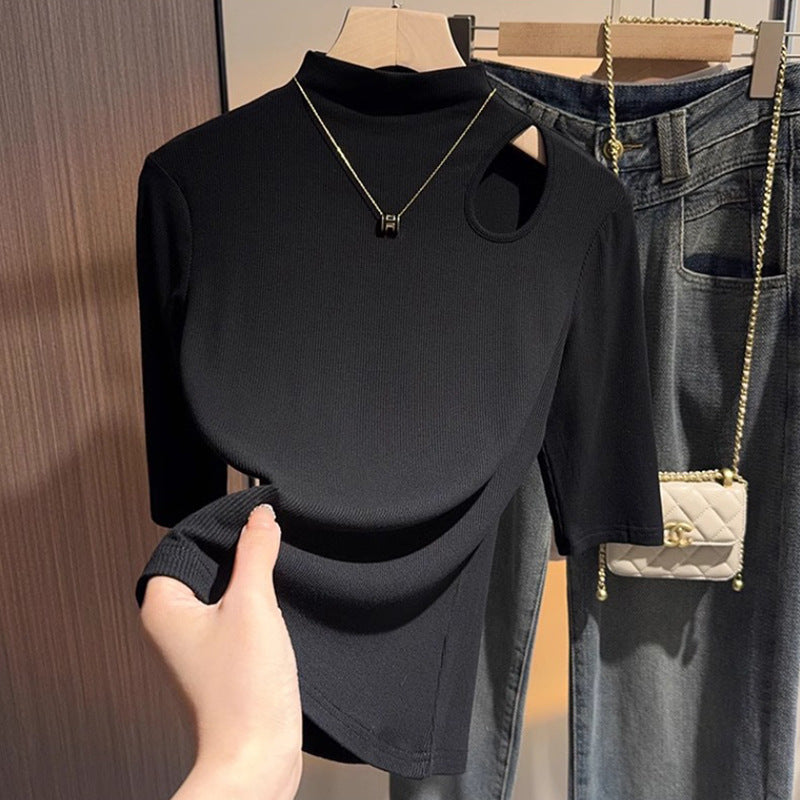 White hollow semi-turtleneck five-quarter-sleeved t-shirt bottoming shirt women's spring and autumn foreign style inner design middle-sleeved top