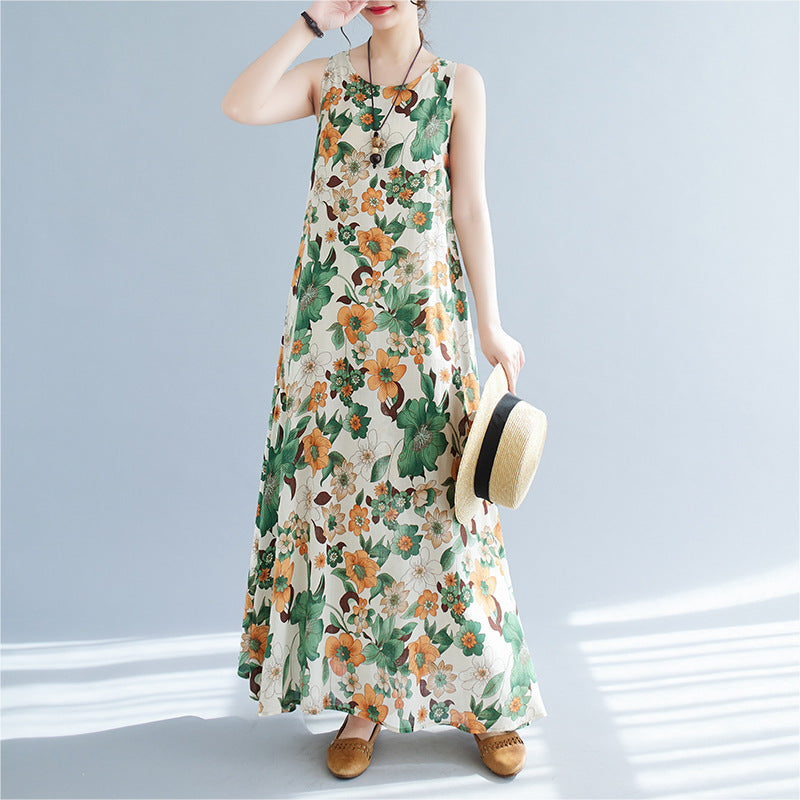 Real shot 2024 summer new bohemian loose cotton and linen printed sleeveless dress women's vest skirt #8611