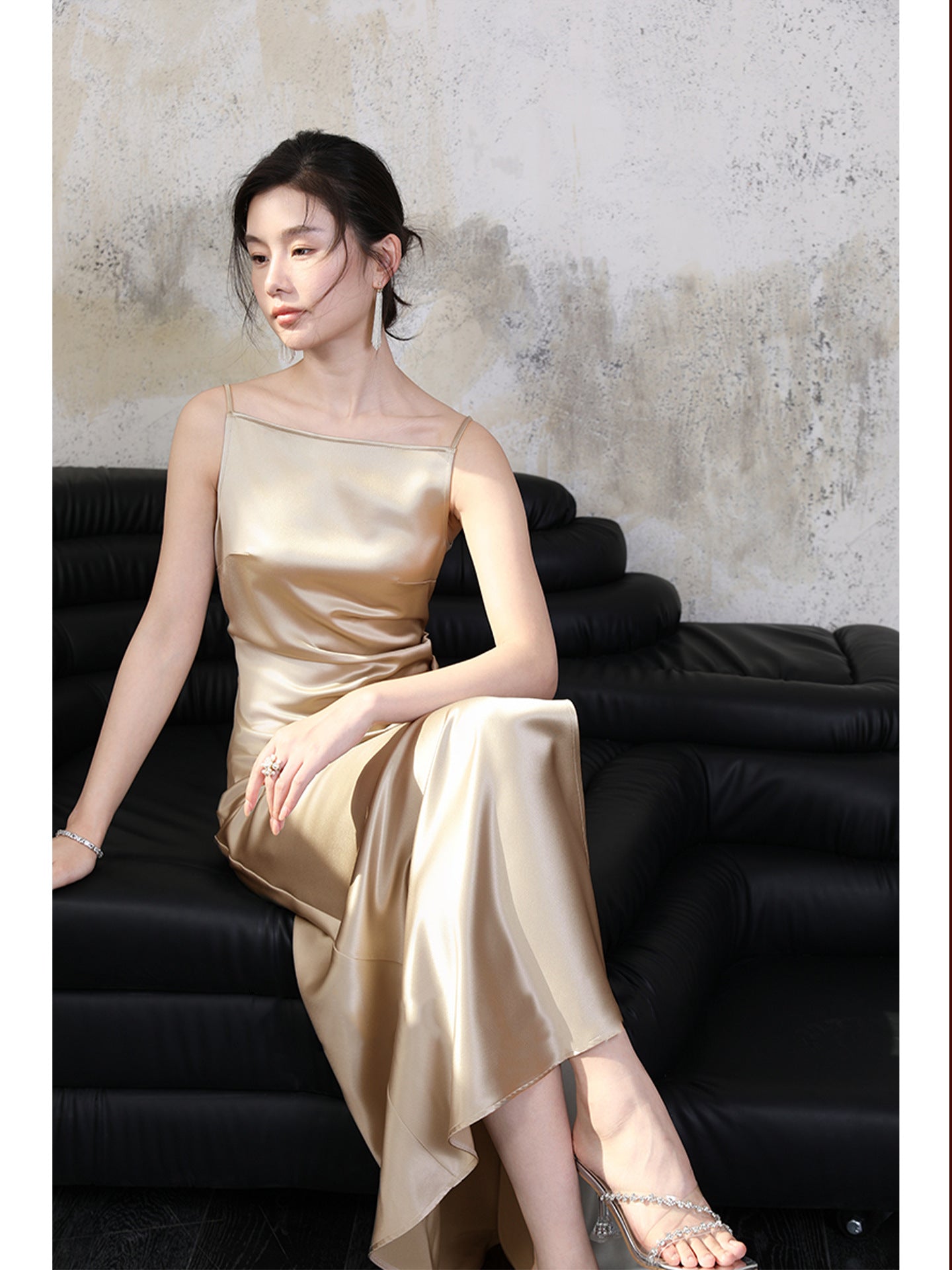 Haute couture imported satin acetic acid one-word collar suspender dress women's waist slit light luxury high-end long dress hip wrap