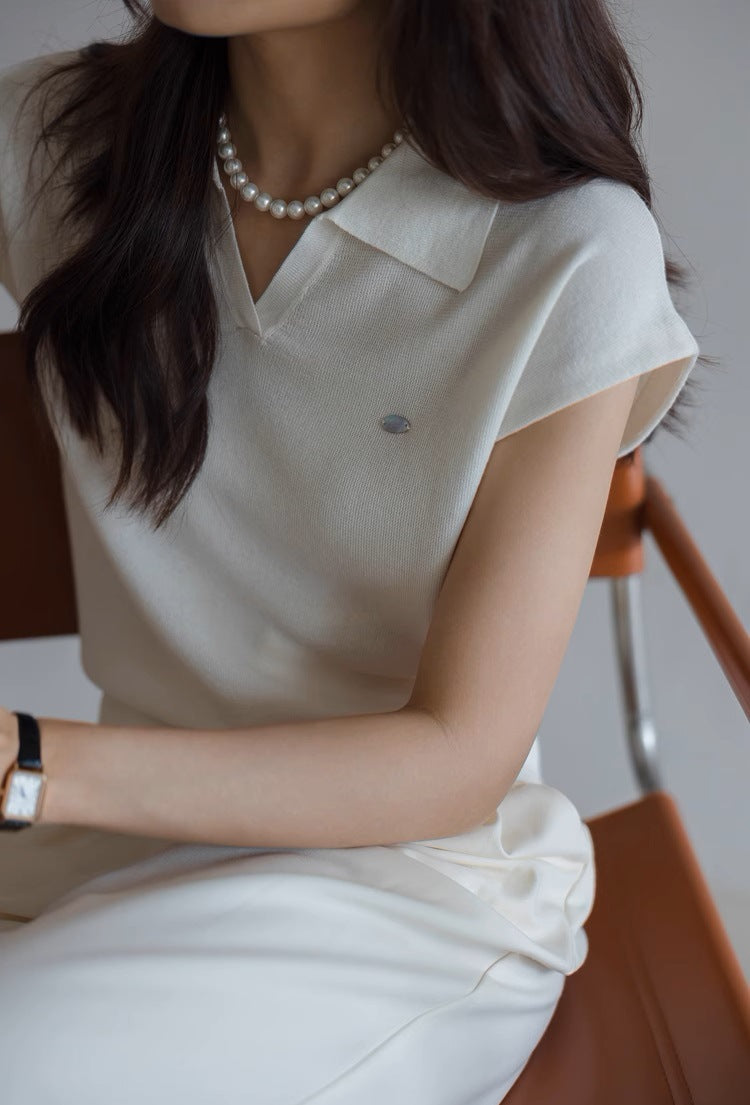 White linen tencel lapel knitted short-sleeved women's commuter new summer temperament short polo shirt and top