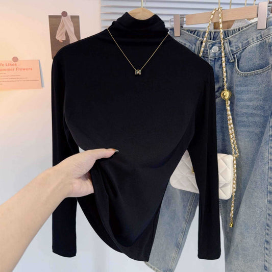 Threaded turtleneck base shirt women's 2025 new autumn and winter inner stacked collar long-sleeved T-shirt foreign style black versatile top