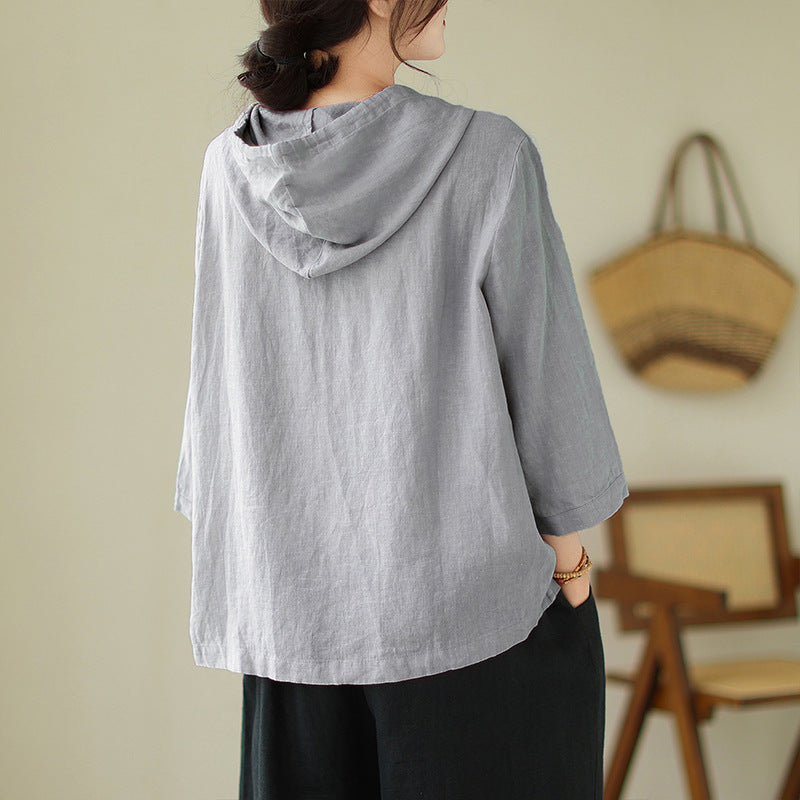 Real shot 2025 spring new literary loose solid color hooded nine-quarter sleeve shirt women's shirt top #9338