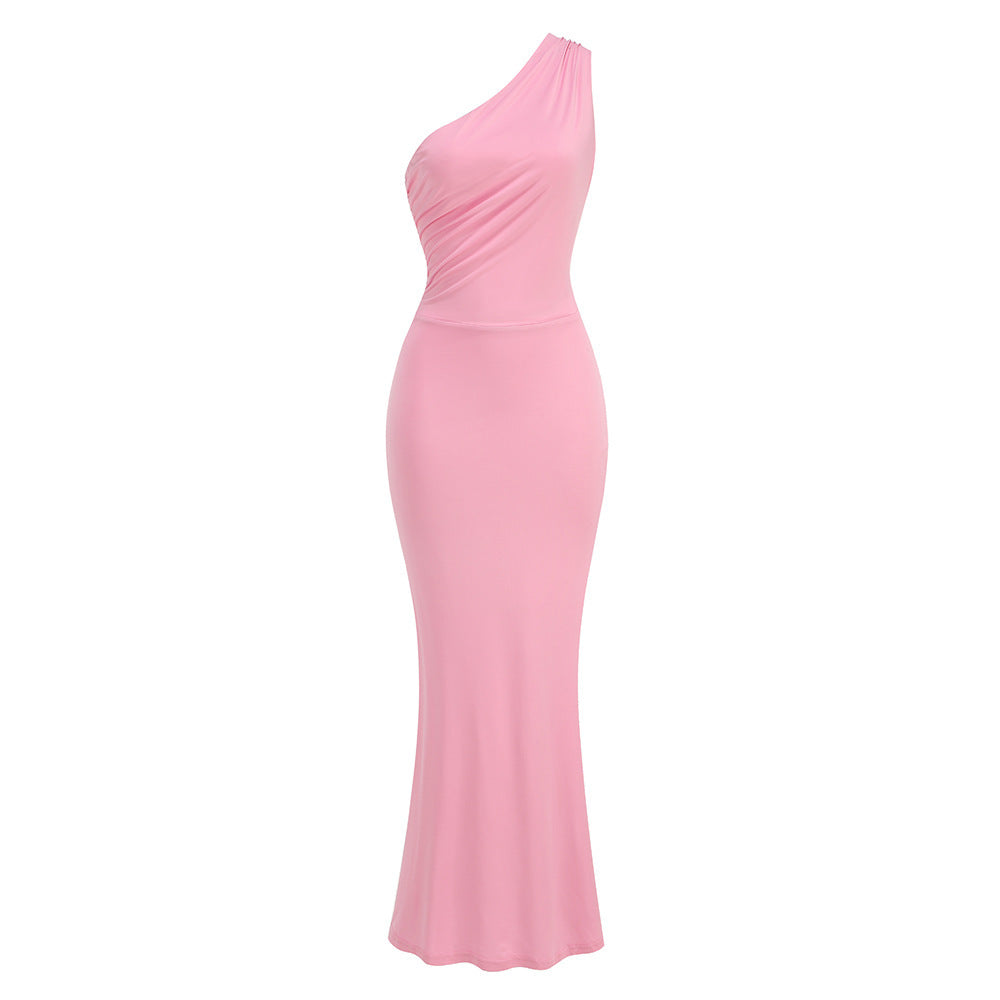 New cross-border sexy pink slanted shoulder back strap French dress long dress slim fishtail seaside dress