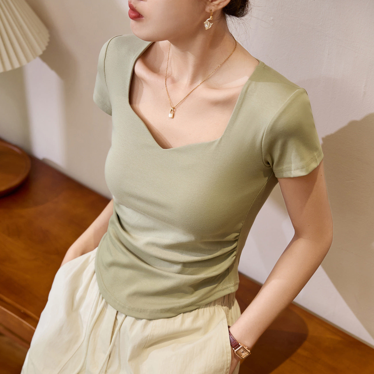 #Combed pure cotton #peach heart square neck short-sleeved T-shirt women's 2026 summer new pleated slim-fitting front shoulder top bottoming shirt