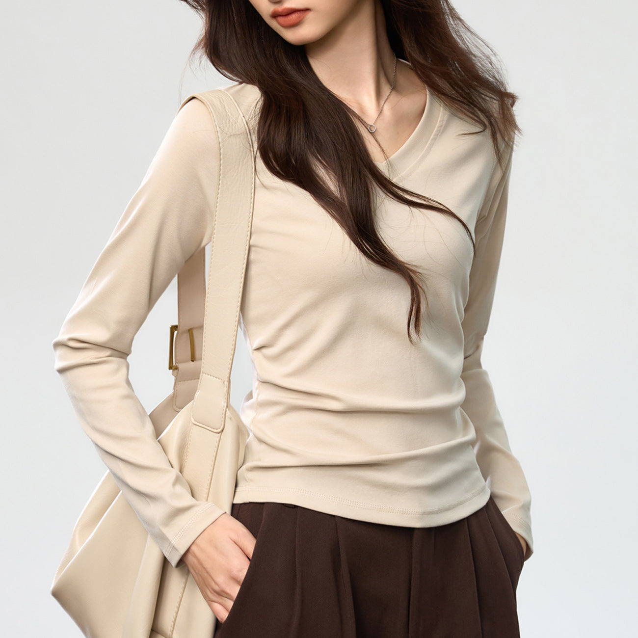 #Combed pure cotton #Bright line design sense shoulder sleeves V-neck T-shirt women's long sleeves wrinkled waist thin early autumn top