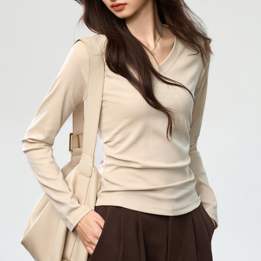 #Combed pure cotton #Bright line design sense shoulder sleeves V-neck T-shirt women's long sleeves wrinkled waist thin early autumn top