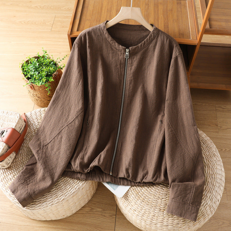 Real shot 2025 autumn new cotton and linen double-layer short coat women's zipper cardigan with loose top jacket