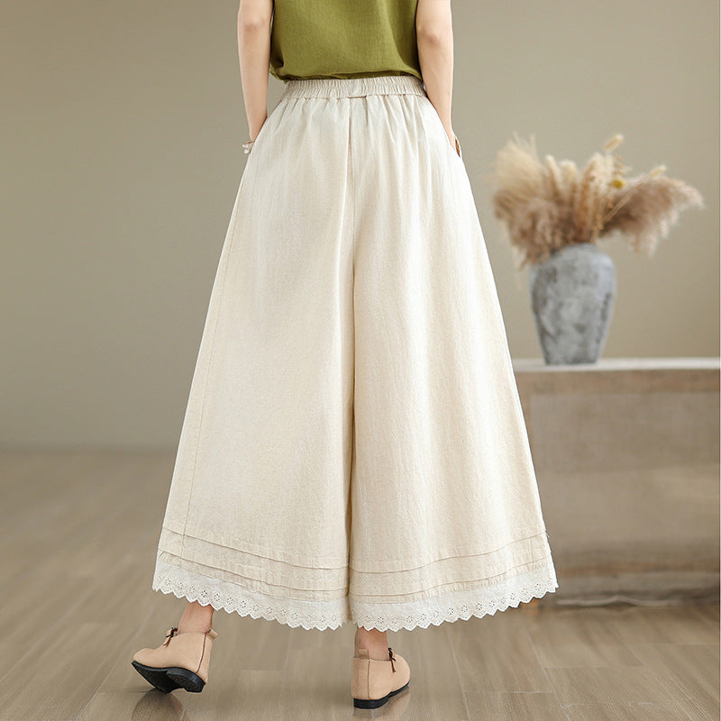 Real shot 2025 summer new Mori women's cotton and linen washed lace wide-leg pants loose and thin casual pants women