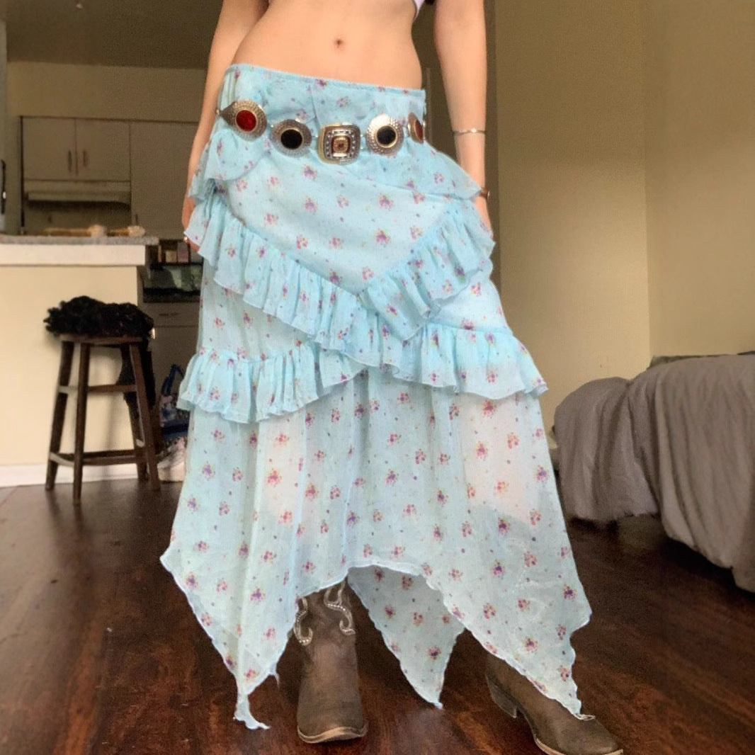 Love cloth forget to be careful, Spice Girl wind floral ruffle edge irregular long skirt, holiday wind light mesh skirt