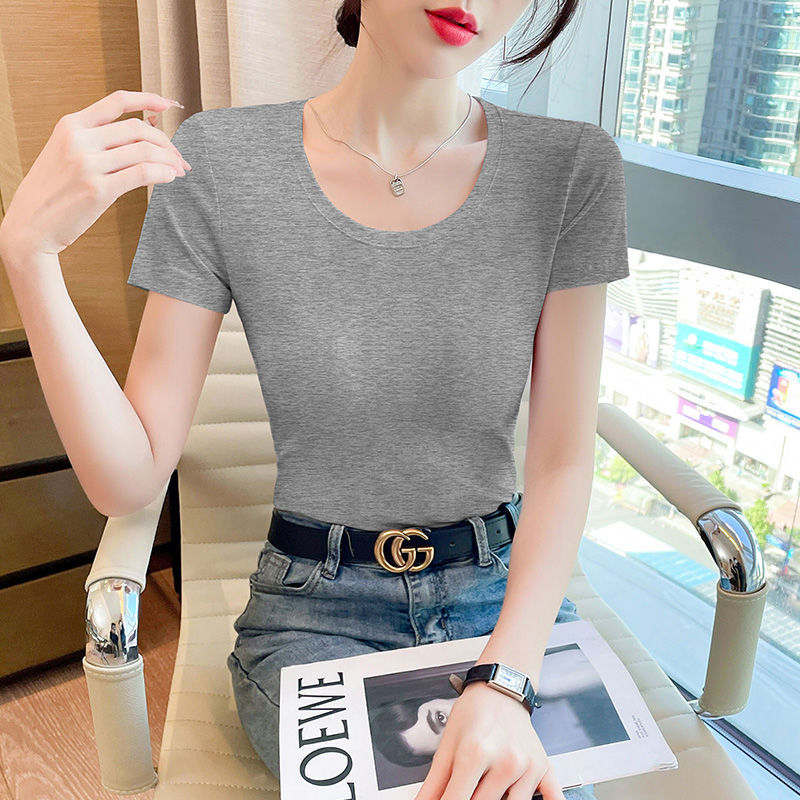 Lotus root pink short-sleeved t-shirt women's pure cotton summer beautiful small top summer chic Korean wear versatile t-shirt