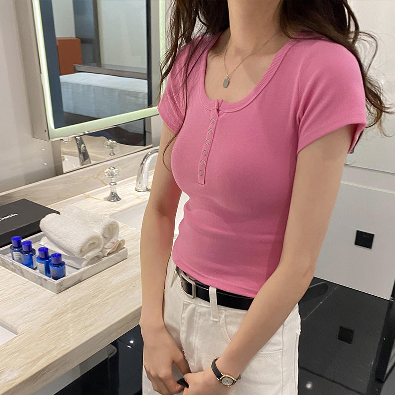 Threaded cotton button-up T-shirt women's short-sleeved 2026 summer new square collar versatile outer wear slim-fitting and thin top bottoming shirt