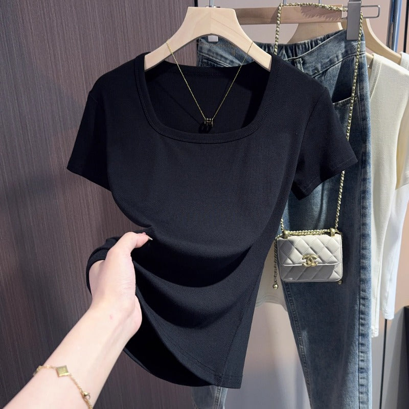Black slim-fitting square-neck short-sleeved T-shirt women's 2025 new summer versatile front-shoulder t-shirt low-neck exposed collarbone top