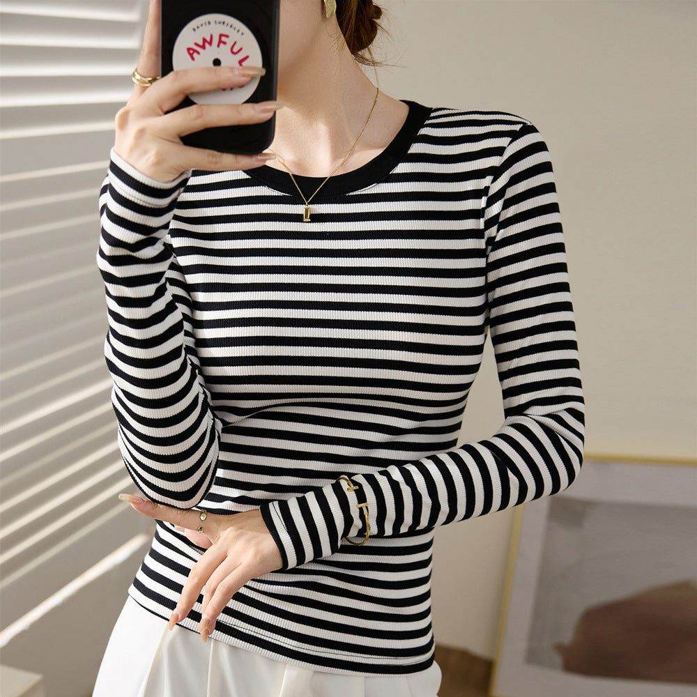 High quality, black and white striped t-shirt women's pure cotton 2026 autumn and winter wear new slim-fit front shoulder top long-sleeved bottoming shirt