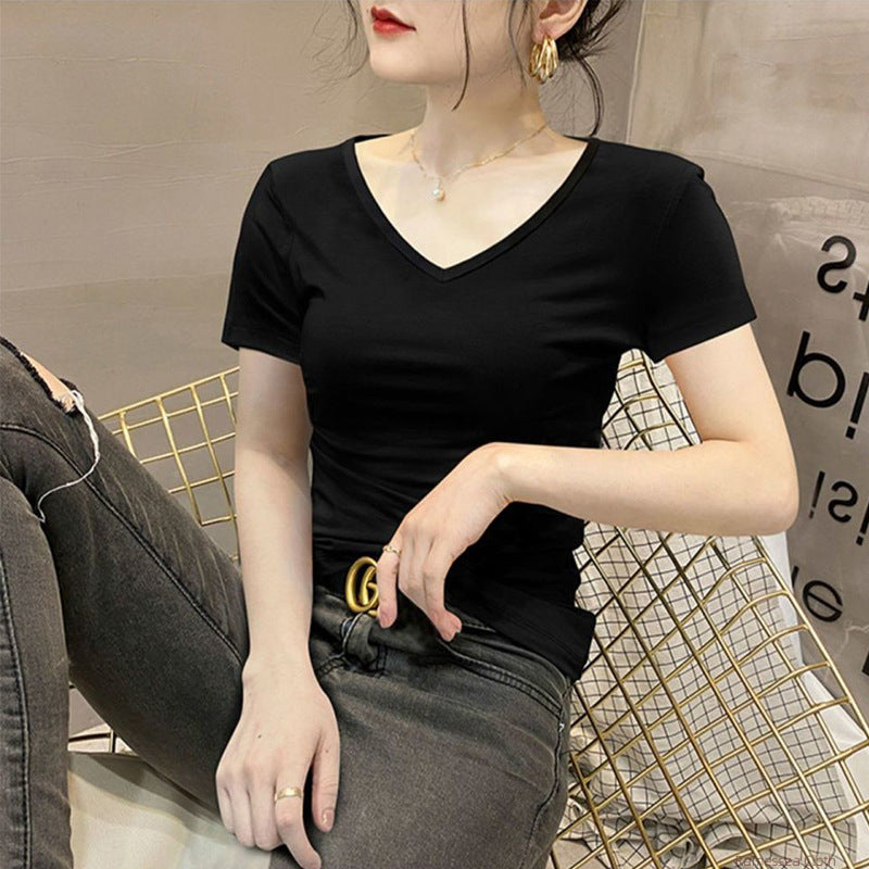 Modal White V-Neck Short Sleeve T-Shirt Women's 2025 New Spring and Summer Niche Design Thin Front Shoulder Top