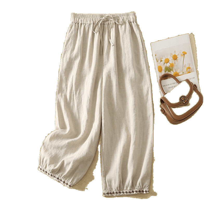 Real shot 2025 summer new cotton and linen retro literary and artistic embroidered bloomers women's lace-up elastic waist loose casual pants
