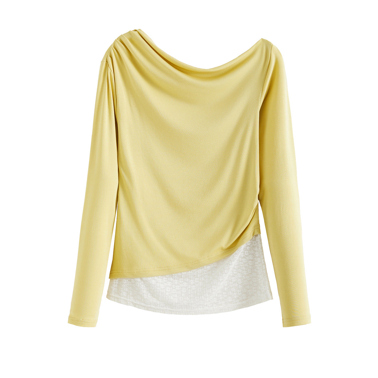 Tencel Lyocell, swinging collar slanted shoulder lace splicing asymmetrical off-the-shoulder long-sleeved T-shirt women's fake two new tops