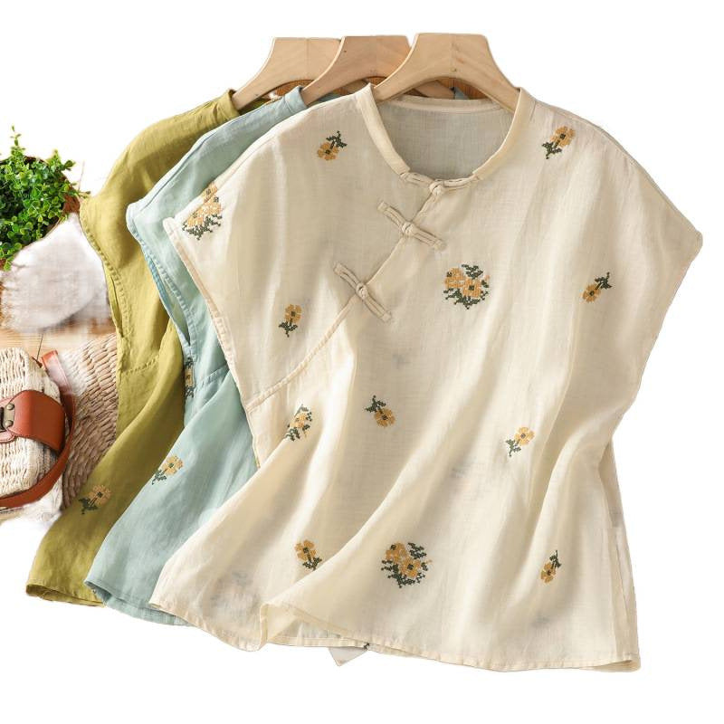 Cotton and linen embroidered shirt top 2025 summer thin round neck literary loose casual pullover shirt women