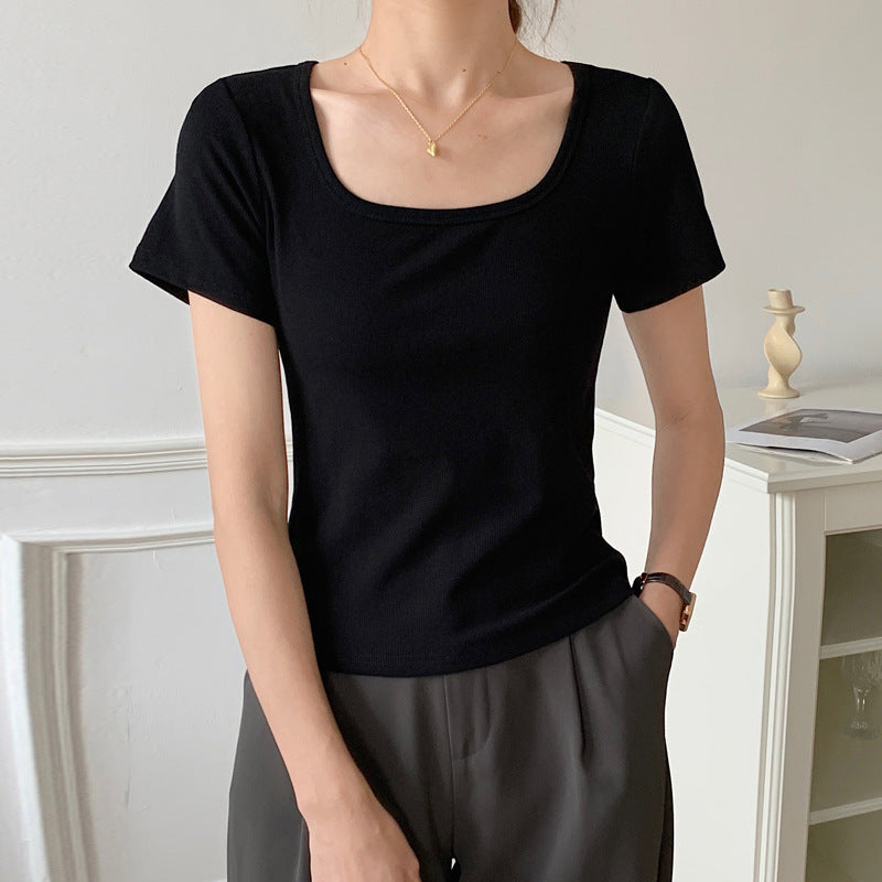 Selection of high-elastic threaded foreign gas square neck T-shirt women's short-sleeved 2026 summer new slim-fitting and thin bottoming shirt