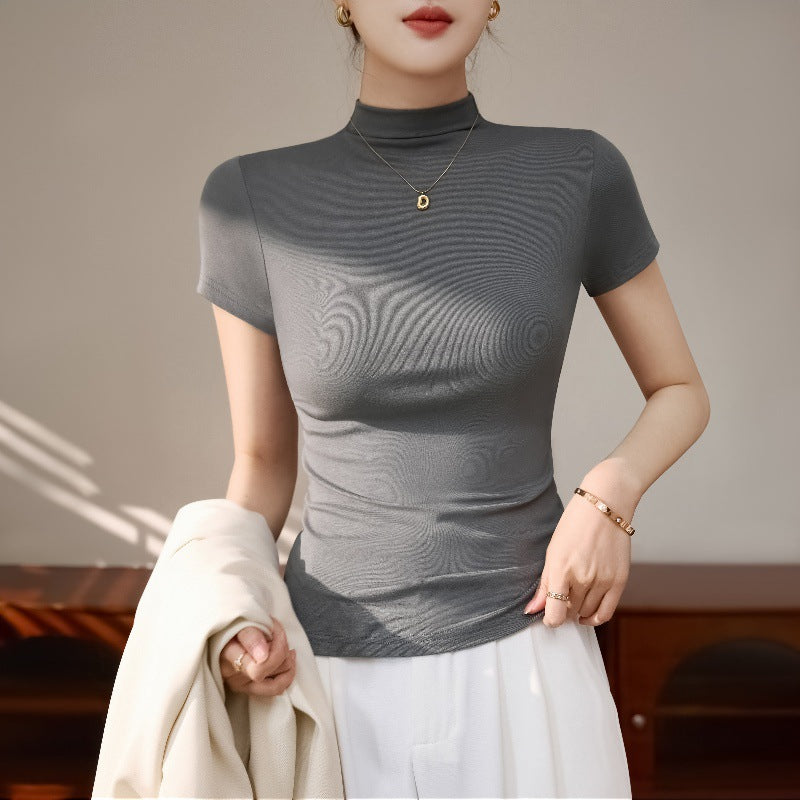 High-end unique T-shirt straight shoulder threaded short sleeve semi-high neck slim base shirt women's summer sexy hot girl top top