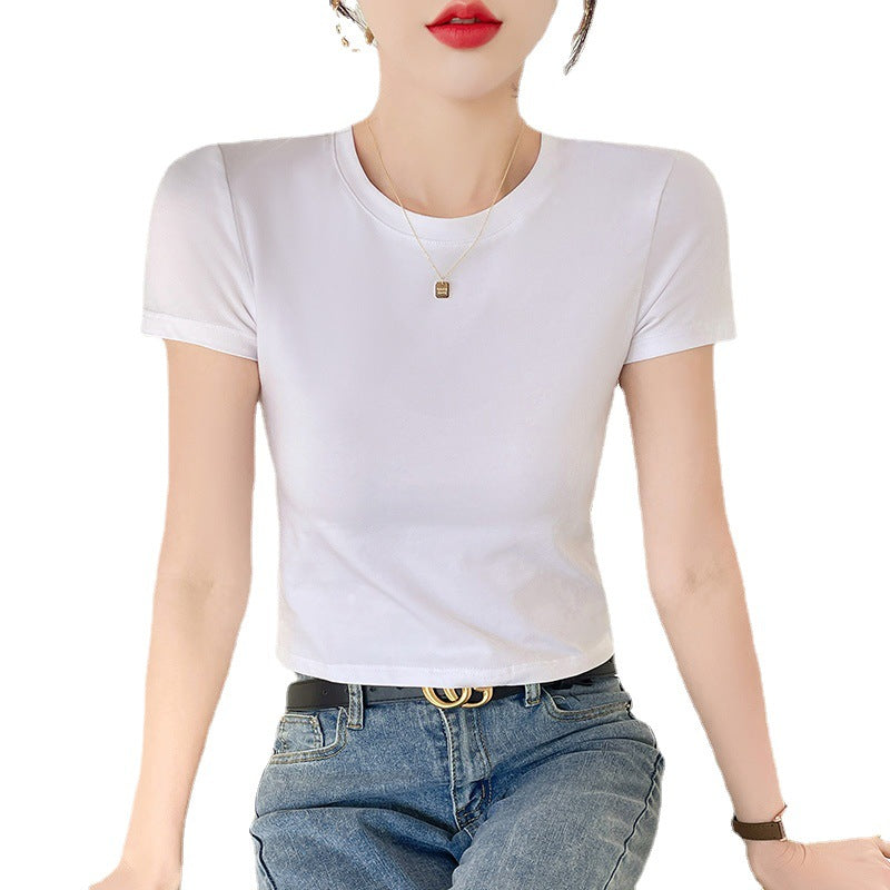 White short t-shirt women's short-sleeved ins trendy navel top tight cotton summer high-waisted belly button half-sleeved t-shirt