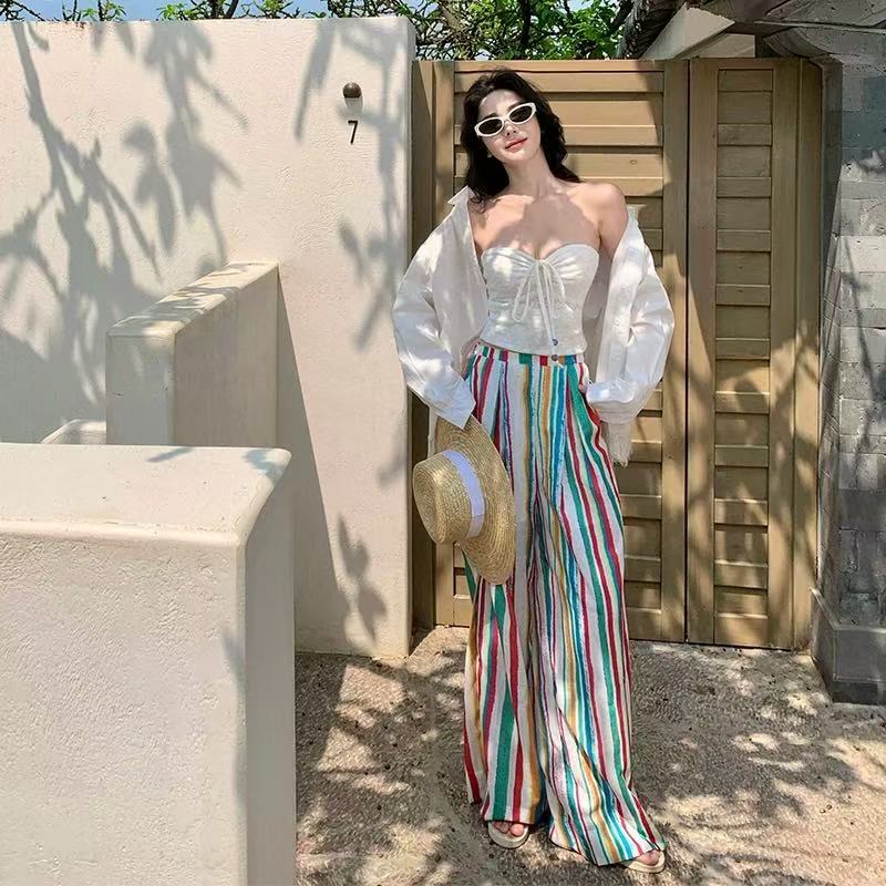 Dopamine Rainbow Stripe High Waist Mopping Casual Pants Women's Summer Seaside Vacation Loose Wide Leg Pants