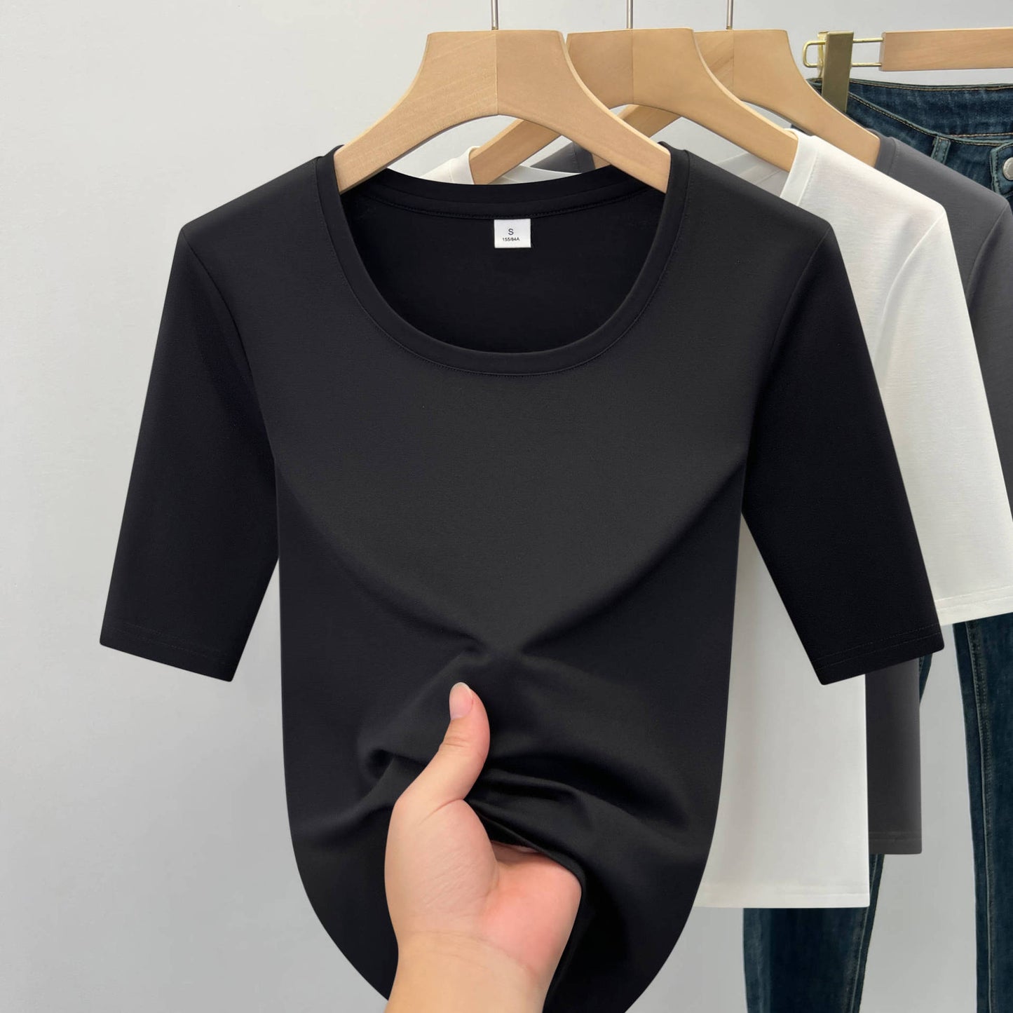 Tencel white semi-turtleneck bottoming shirt women's 2025 new slim-fitting and thin shoulder T-shirt spring and summer mid-sleeved top trendy