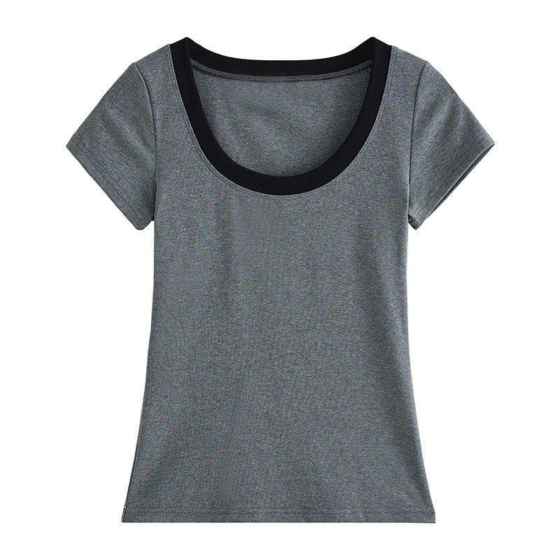 [Combed Cotton] Contrast Color Big U-Neck Pure Cotton T-Shirt Women's Summer Sexy 2026 New Short Sleeve Skinny Top Bottom Shirt