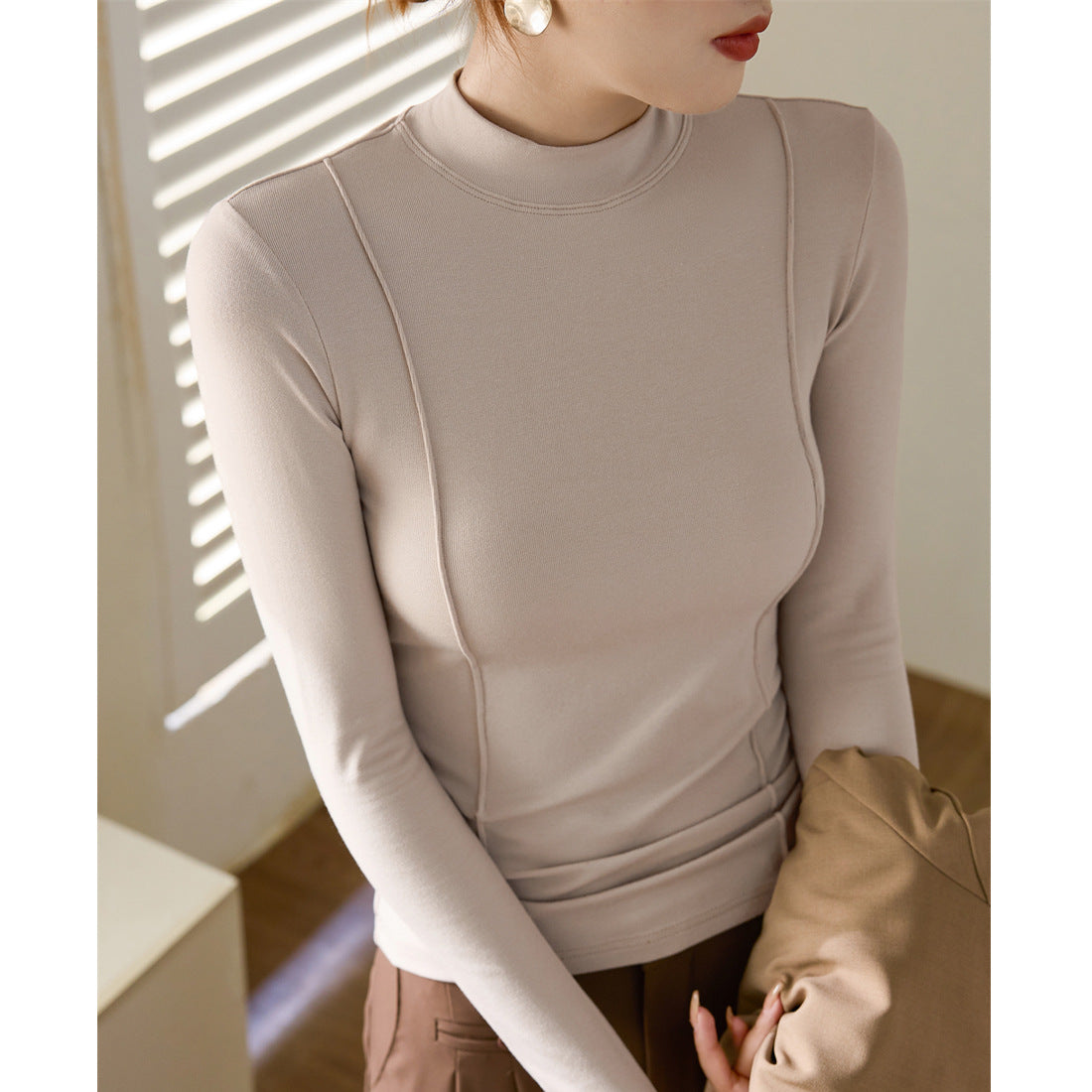 Maillard, high elastic and skin-friendly high-end design sense new small stand-up collar T-shirt women's autumn long-sleeved bottoming shirt temperament top