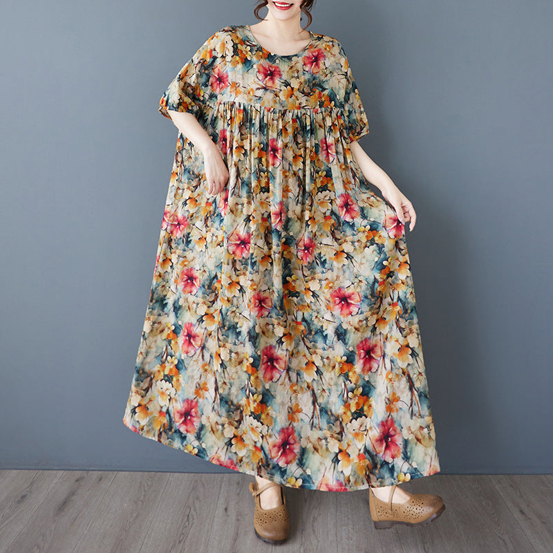 2025 Simple Bohemian Long Dress Summer New Fattened Plus Short Sleeve Crew Neck Printed Dress Women