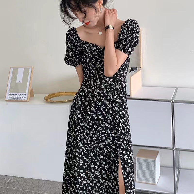 2026 summer French square neck black floral dress with split ends and waist sexy coffee break long skirt for women