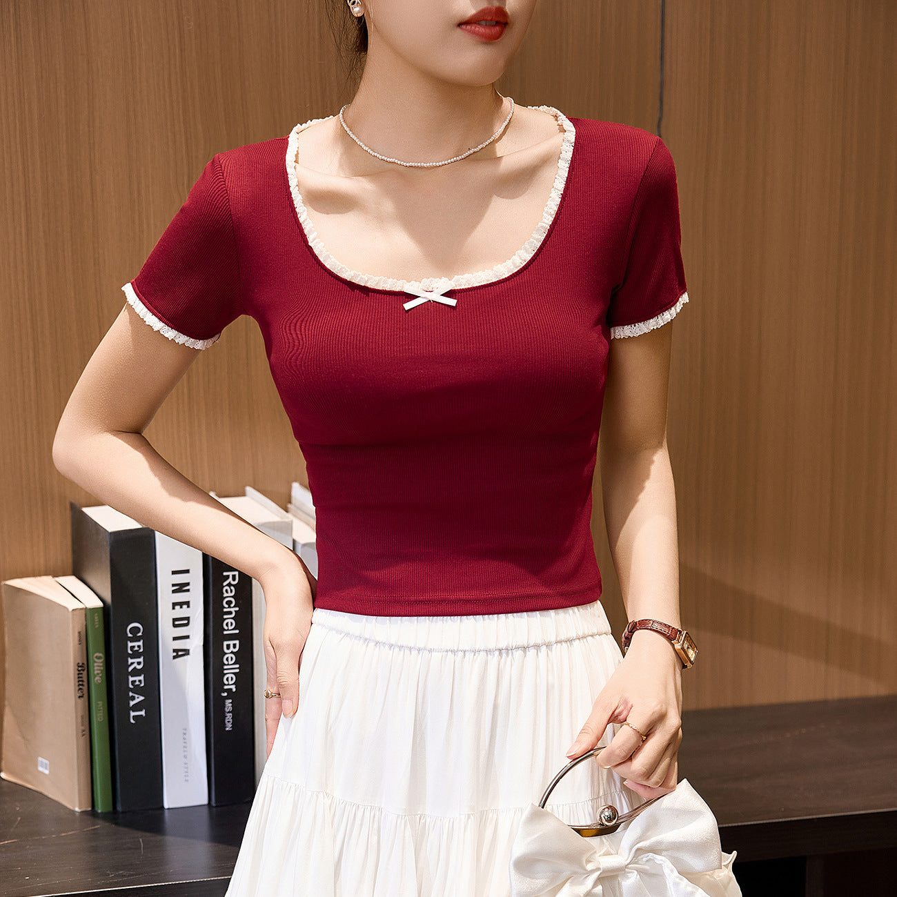 #260G Youke silk, Zhen quality #lace T-shirt women's summer new U-neck bow short-sleeved contrasting high-waisted top