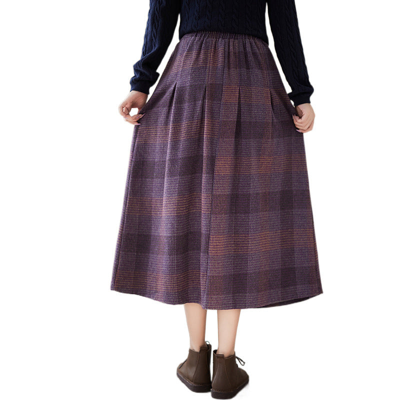 Real shot 2024 autumn new literary loose plaid elastic waist skirt women's medium and long A-shaped skirt #3730