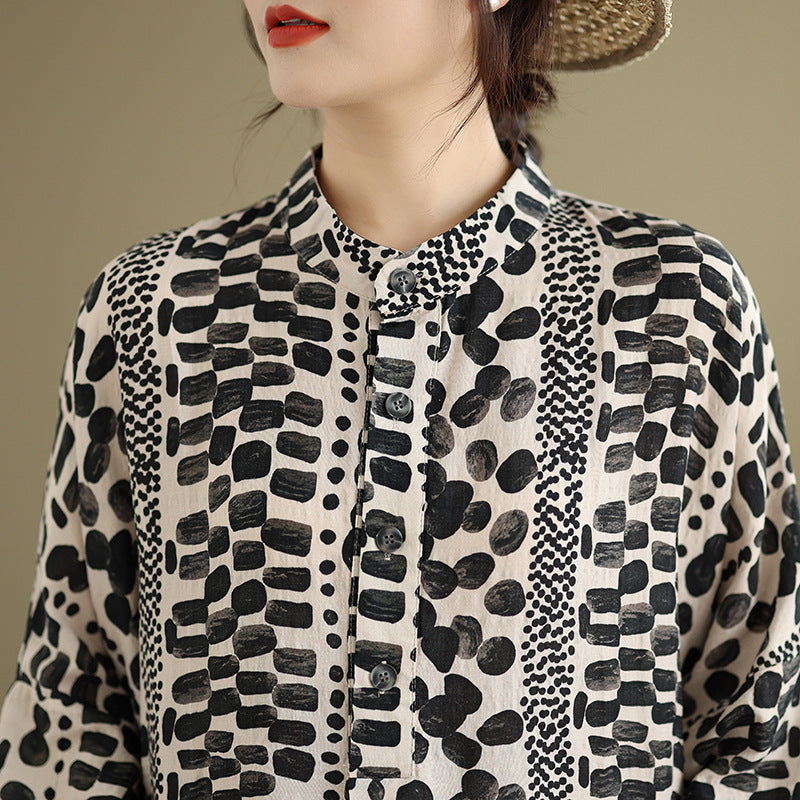 2025 autumn new literary and retro cotton and linen printing stand-up collar loose super long large size vacation dress women's clothing