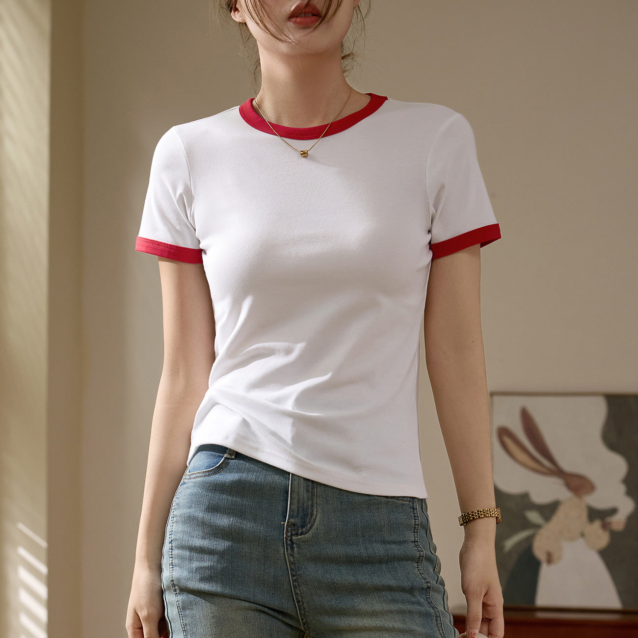 #Selection of pure cotton #Contrasting color retro casual T-shirt women's summer 2026 new slim-fitting versatile short-sleeved top bottoming shirt