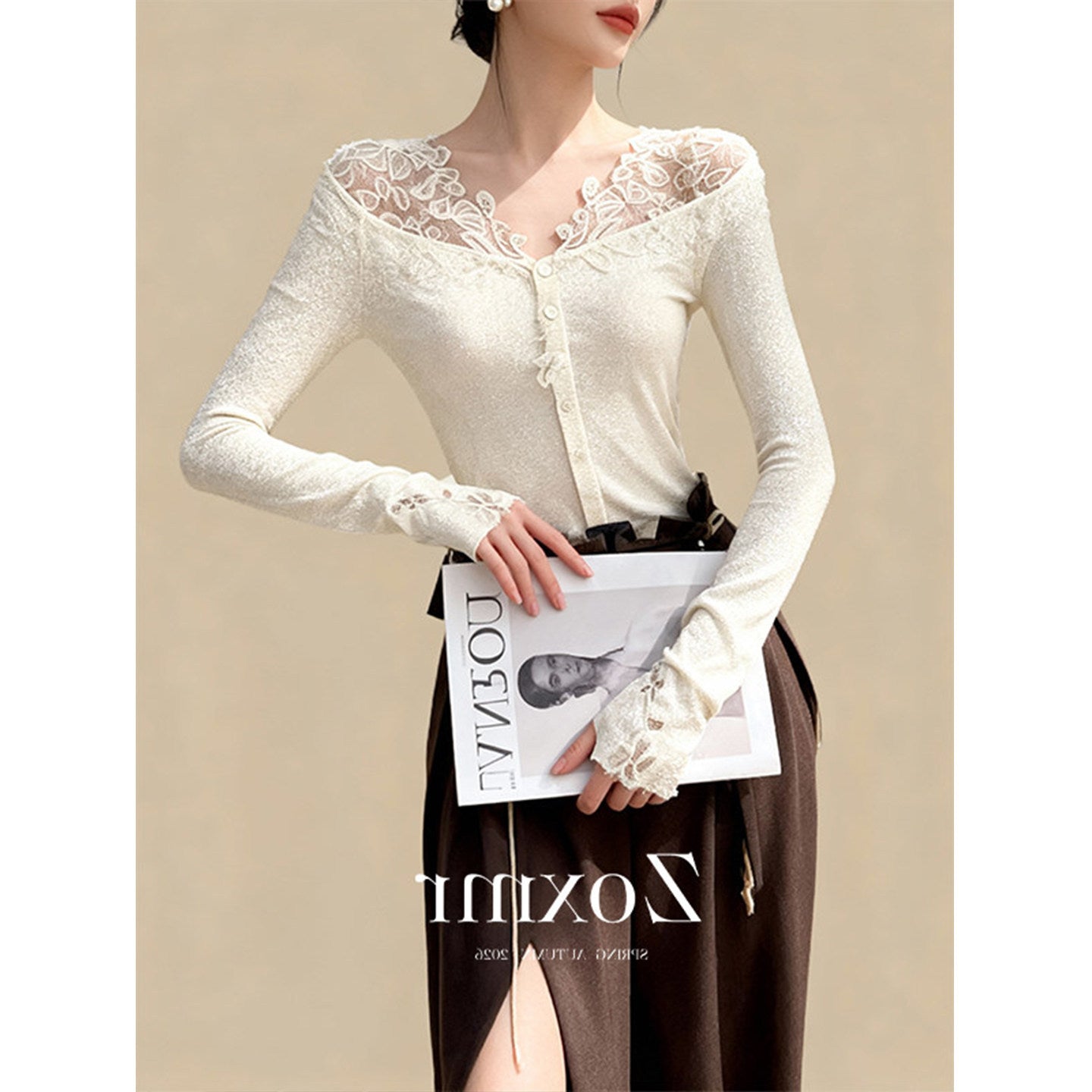 Unique, beautiful and good-looking top design sense irregular three-dimensional cutting v-neck white knitted cardigan women's spring