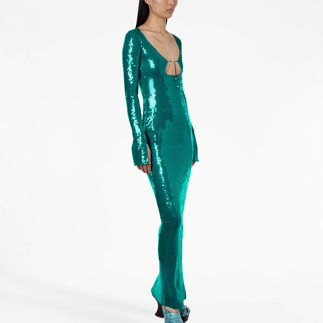 New Amazon Europe and the United States sexy sequin flared sleeve skirt women's U-neck women's clothing hem split dress long