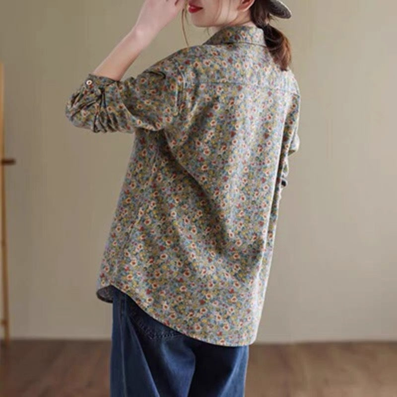 Spring 2024 new cotton and linen large size literary loose floral long-sleeved shirt top women #2022
